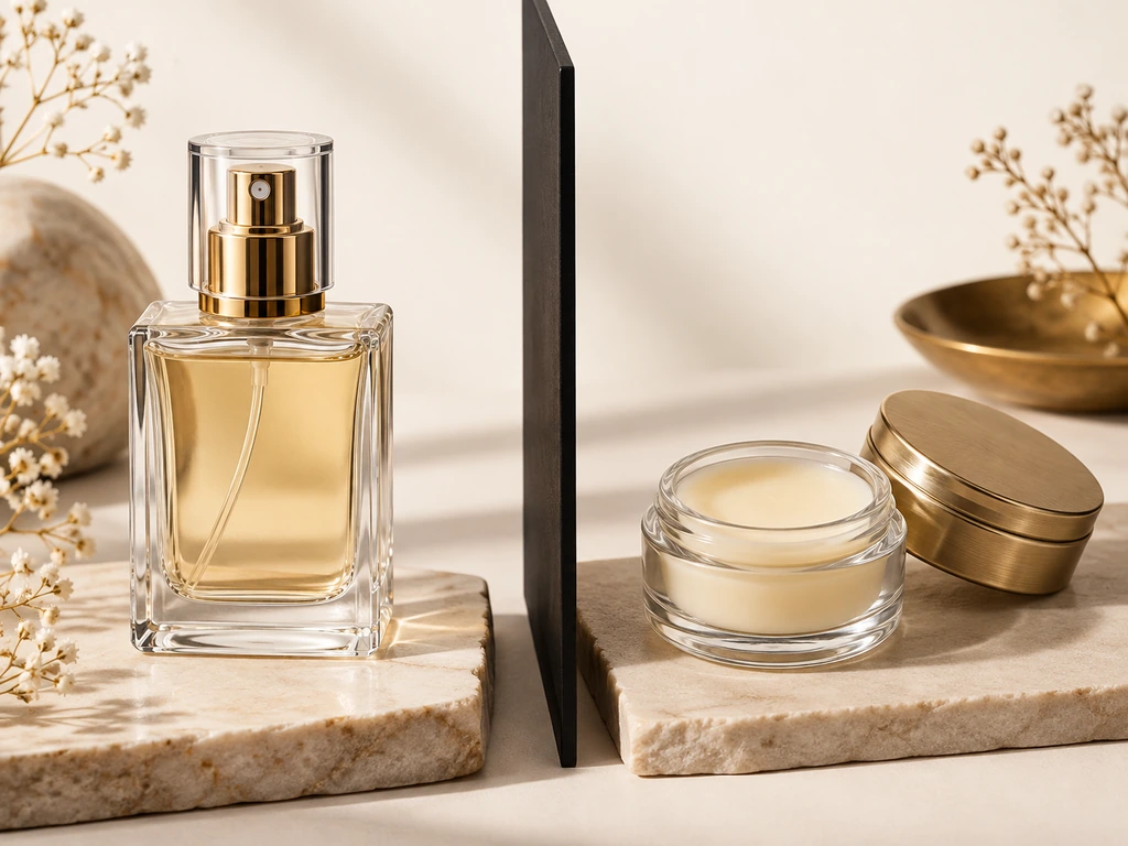 Liquid perfume atomizer beside a wide-mouth solid perfume jar and metal tin.