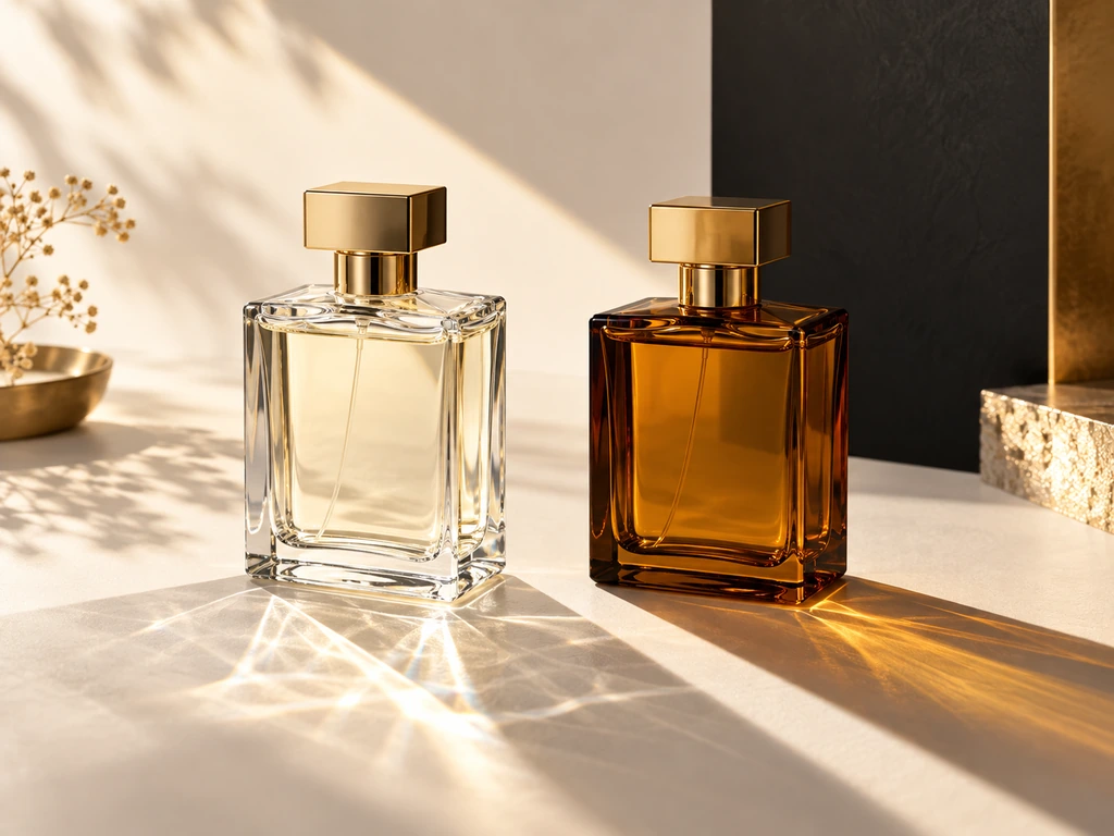Clear and amber perfume bottles compared under a controlled beam of sunlight.