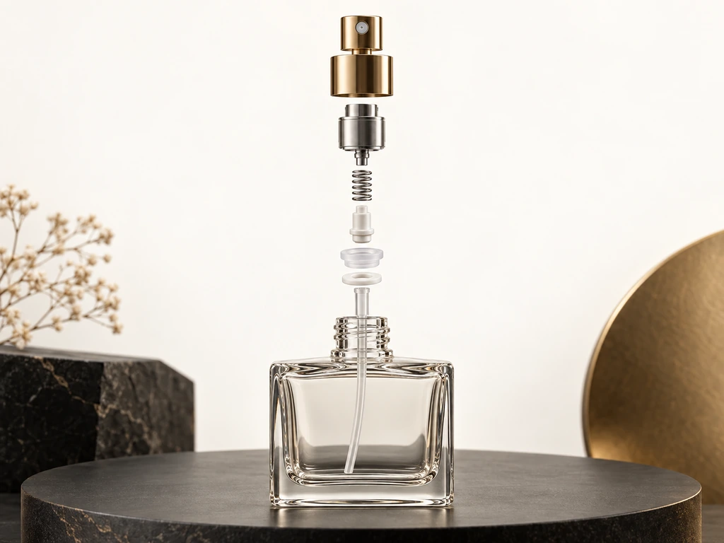 Exploded view of perfume pump, spring, valve core, gaskets and dip tube above a glass bottle.