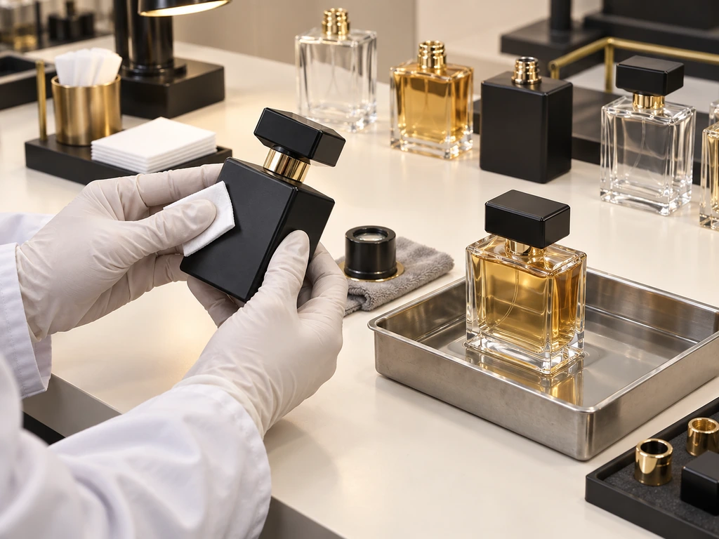 Technician testing perfume bottle coating adhesion and seal integrity on a quality-control bench.