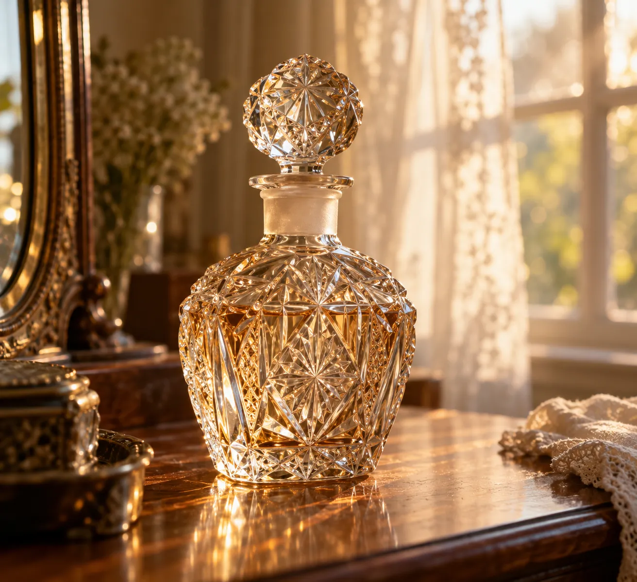 A decorative vintage perfume flacon on a shelf; its material needs checking before disposal with ordinary container glass.