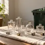 Empty clear glass perfume bottles and their removed spray pumps on a linen cloth beside a home glass recycling bin, the starting scene for anyone asking are perfume bottles recyclable