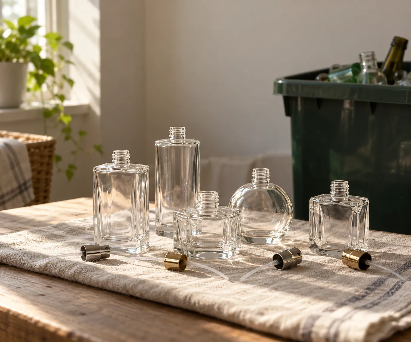 Empty clear glass perfume bottles and their removed spray pumps on a linen cloth beside a home glass recycling bin, the starting scene for anyone asking are perfume bottles recyclable