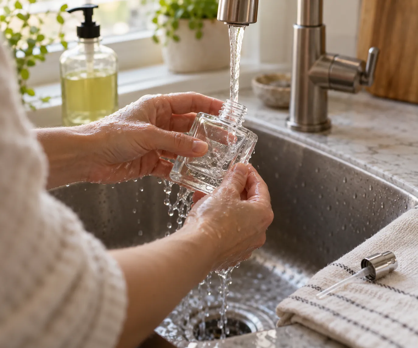 Hands rinsing an empty glass perfume bottle with the removable pump set aside before checking local recycling instructions.
