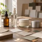 Cosmetic packaging ideas compared on a design studio worktable: a frosted glass bottle, an amber dropper bottle, a clear pump bottle, a cream jar, an aluminum tin, and a paper tube arranged side by side with material swatches.