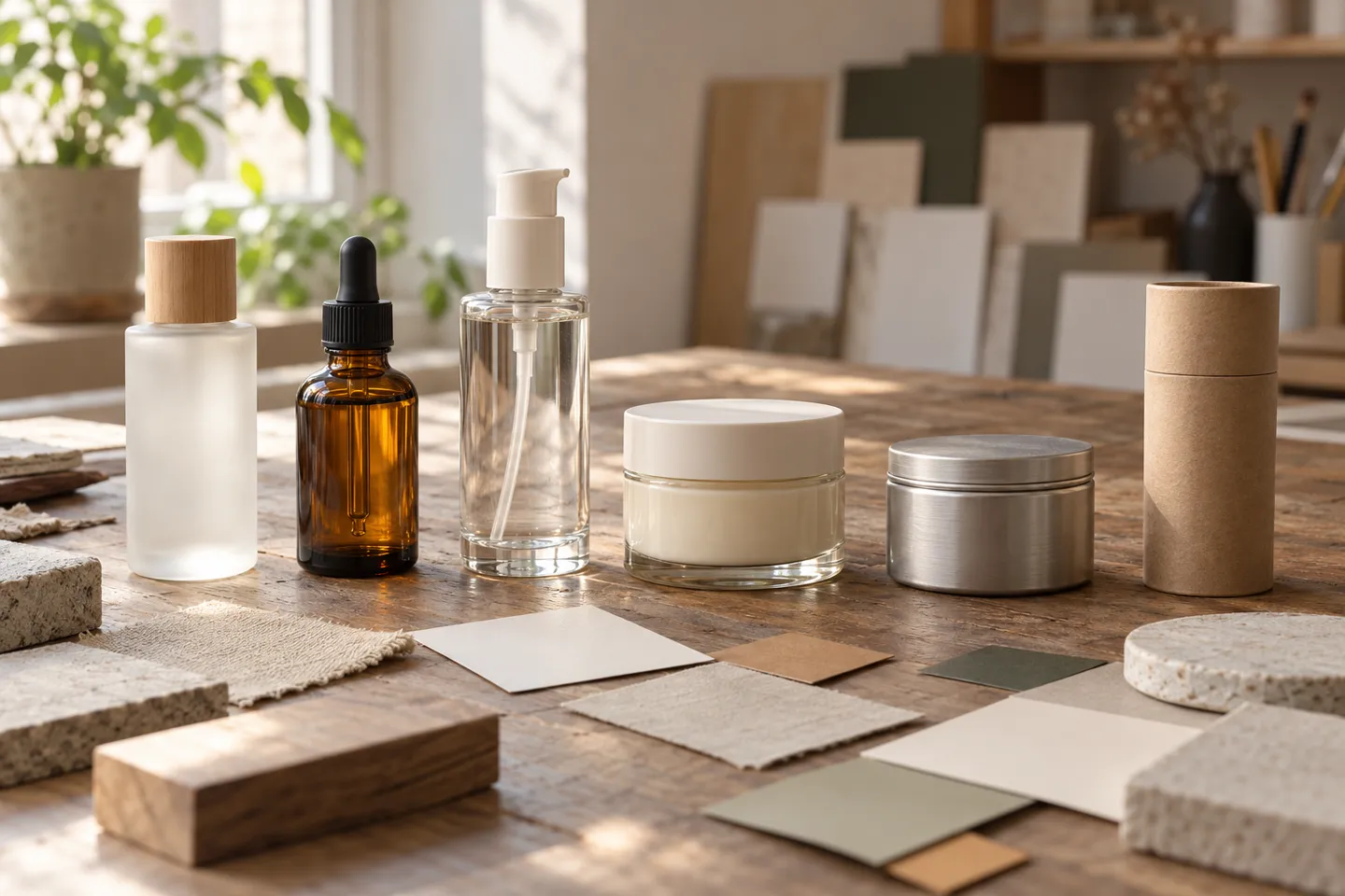 Cosmetic packaging ideas compared on a design studio worktable: a frosted glass bottle, an amber dropper bottle, a clear pump bottle, a cream jar, an aluminum tin, and a paper tube arranged side by side with material swatches.