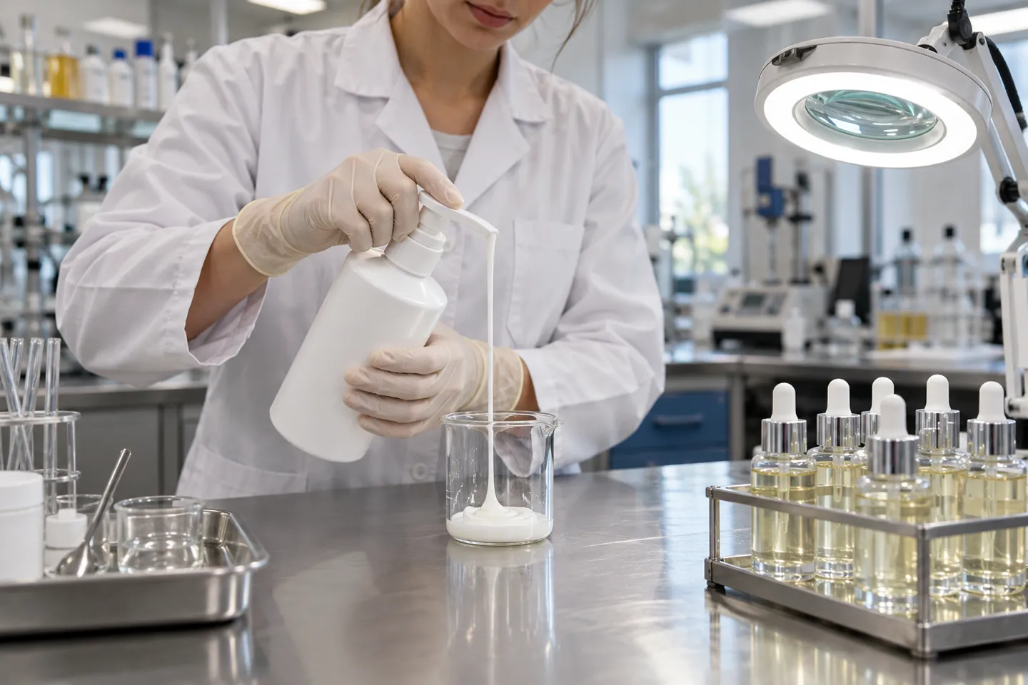 A quality control technician pressing a cosmetic pump bottle so white lotion flows into a glass beaker during leakage and compatibility testing, with a rack of filled dropper samples and a magnifier lamp on the laboratory bench.
