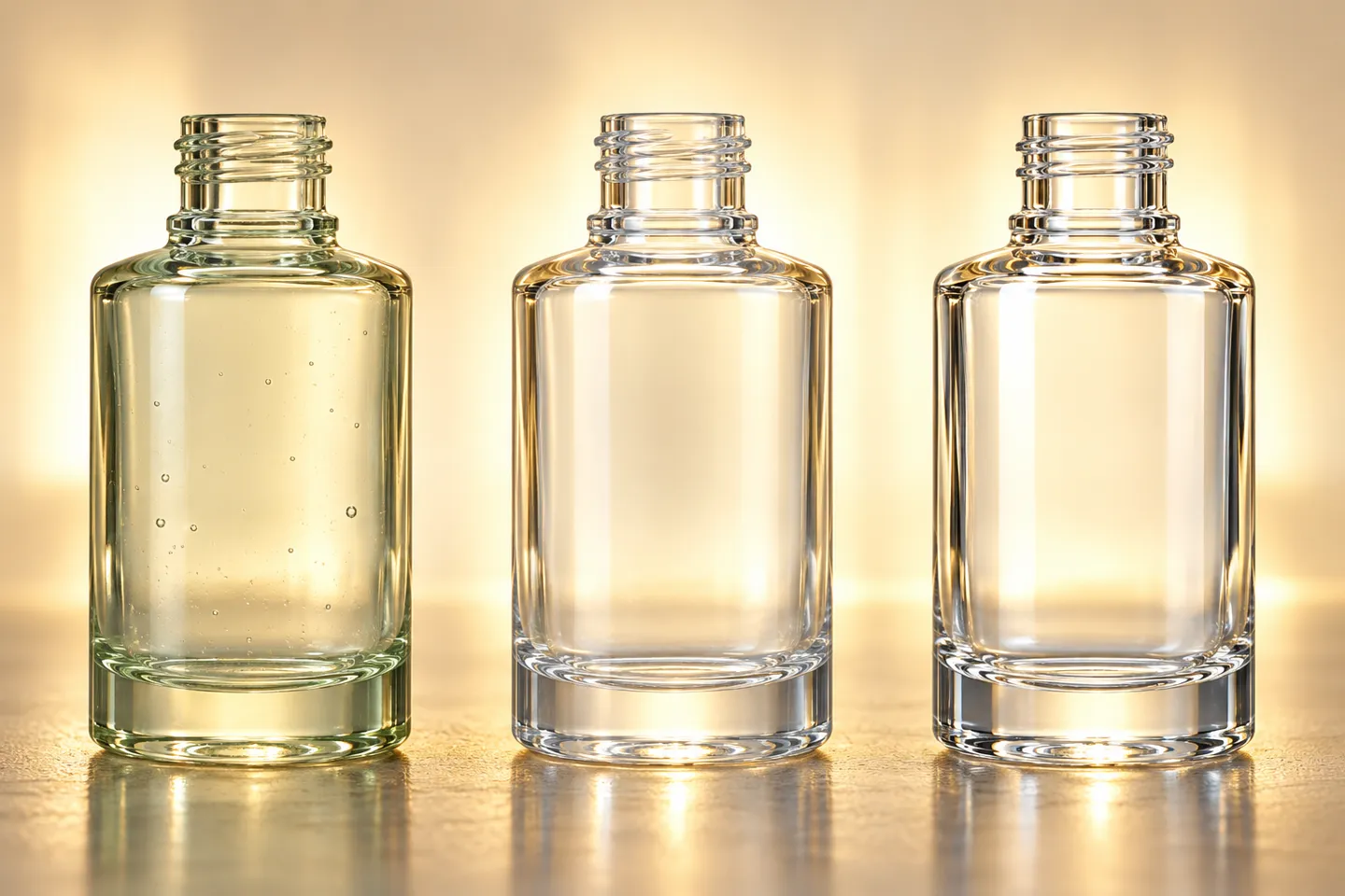 Three identical unlabeled glass cosmetic bottles backlit in a row, showing the clarity difference between ordinary flint, high-white, and super flint glass grades