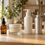 Amber glass dropper bottles, a glass cream jar, a PET pump bottle, an aluminum bottle and a bamboo-lid jar lined up on a studio table, showing the primary material families of cosmetic packaging materials