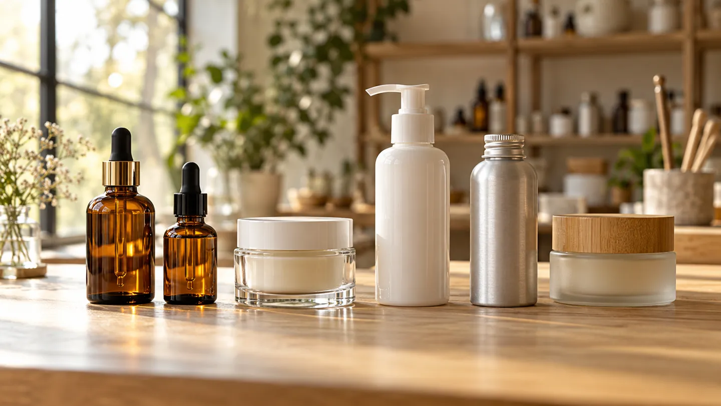 Amber glass dropper bottles, a glass cream jar, a PET pump bottle, an aluminum bottle and a bamboo-lid jar lined up on a studio table, showing the primary material families of cosmetic packaging materials