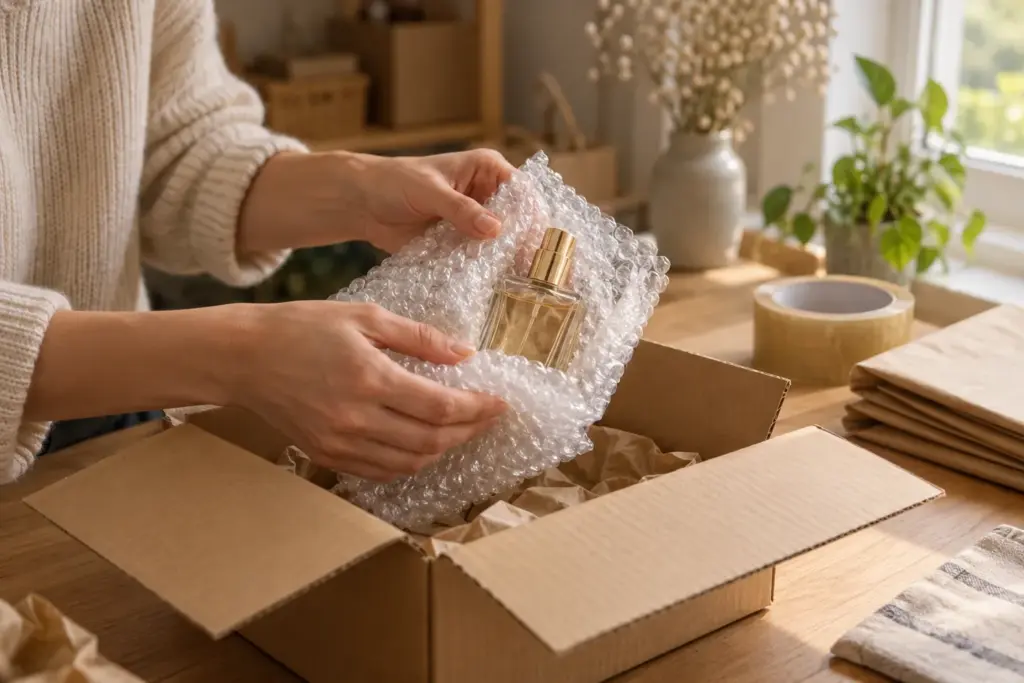 A glass perfume bottle wrapped in bubble wrap above an open corrugated box on a packing table, the hands-on ritual at the heart of how to ship perfume without leaks.