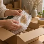 A glass perfume bottle wrapped in bubble wrap above an open corrugated box on a packing table, the hands-on ritual at the heart of how to ship perfume without leaks.