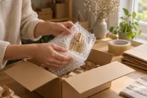 A glass perfume bottle wrapped in bubble wrap above an open corrugated box on a packing table, the hands-on ritual at the heart of how to ship perfume without leaks.