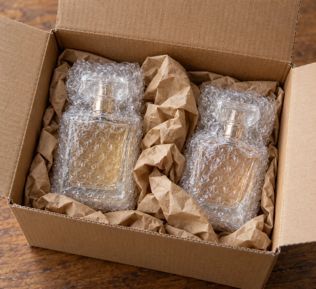 Two bubble-wrapped perfume bottles separated by crumpled kraft paper inside a rigid corrugated box, the inner-pack barrier that keeps glass from touching while shipping perfume.