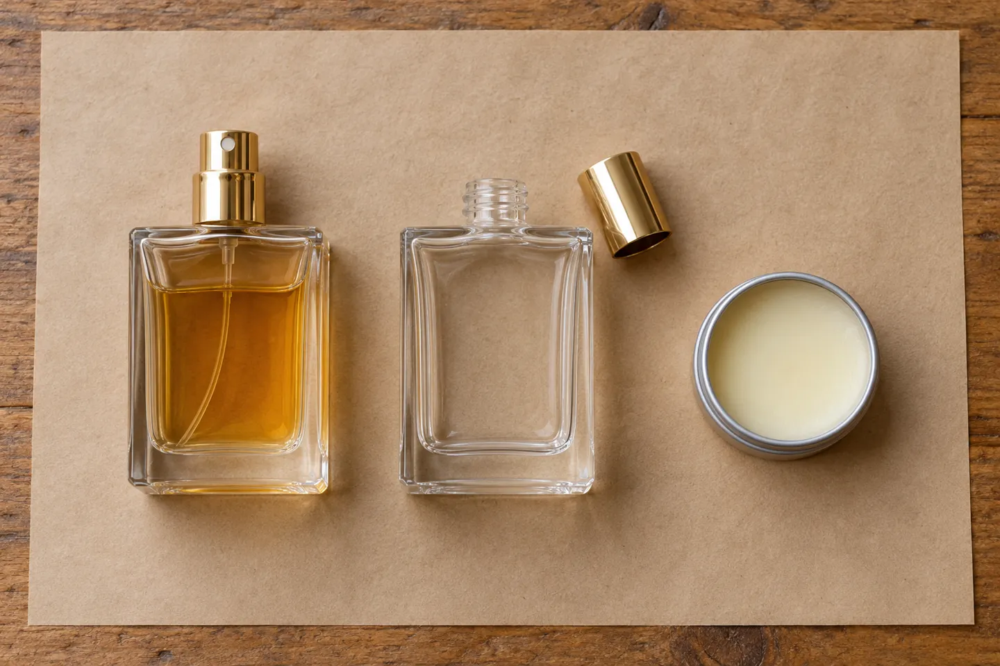 A filled perfume bottle, an empty glass perfume bottle, and an open tin of solid perfume balm laid side by side, the three shipments that hide behind one word on a fragrance label.