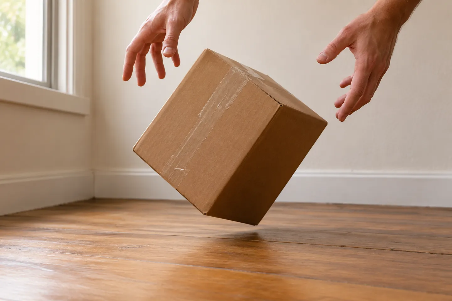 Hands releasing a sealed corrugated shipping box above a wooden floor corner during a drop test, the ship-it-to-yourself trial that proves a perfume parcel survives the last mile.