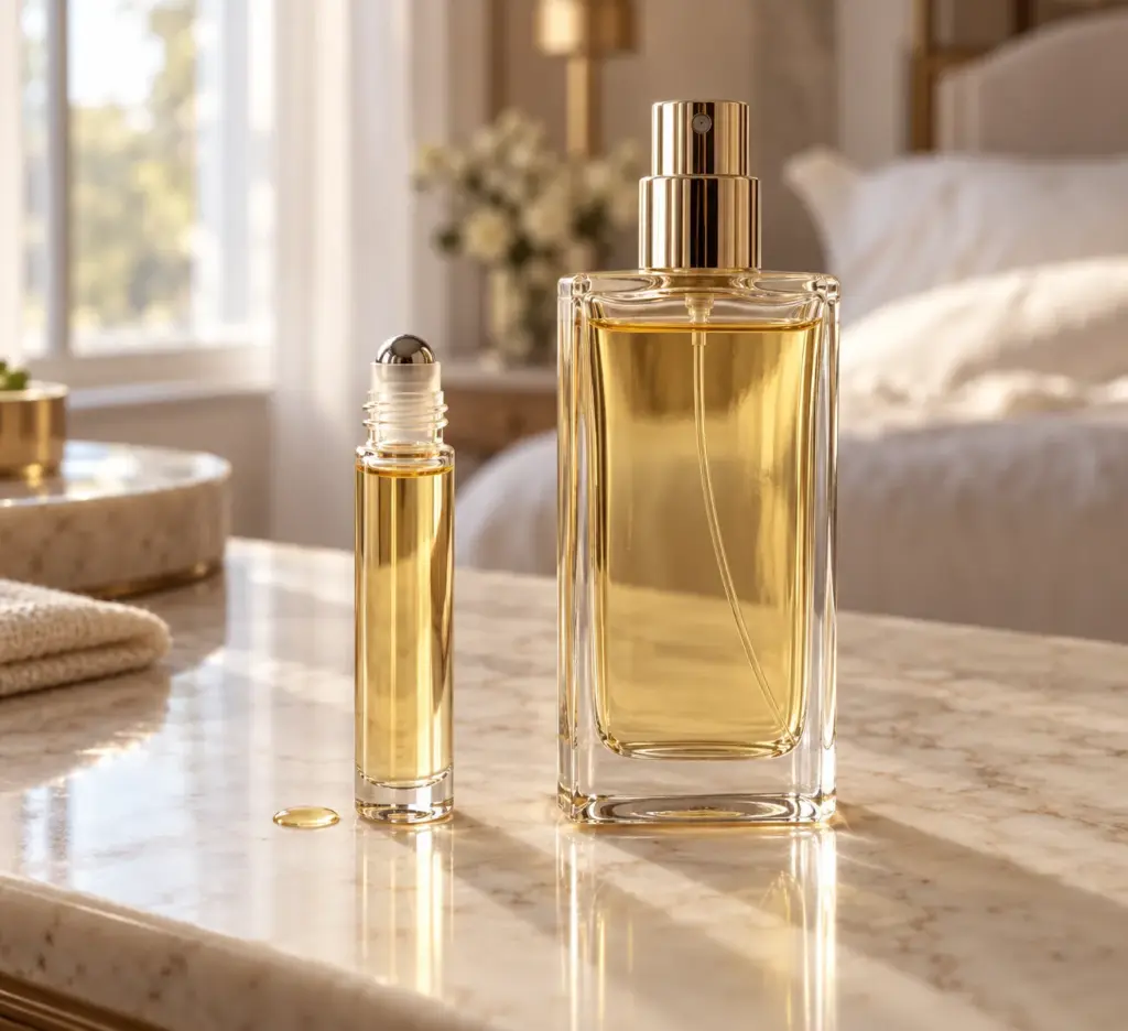 Perfume oil vs spray: a slim 10ml roll-on bottle beside a tall 50ml glass atomizer with a fine-mist pump on a marble vanity, showing the size and format difference at a glance