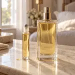 Perfume oil vs spray: a slim 10ml roll-on bottle beside a tall 50ml glass atomizer with a fine-mist pump on a marble vanity, showing the size and format difference at a glance