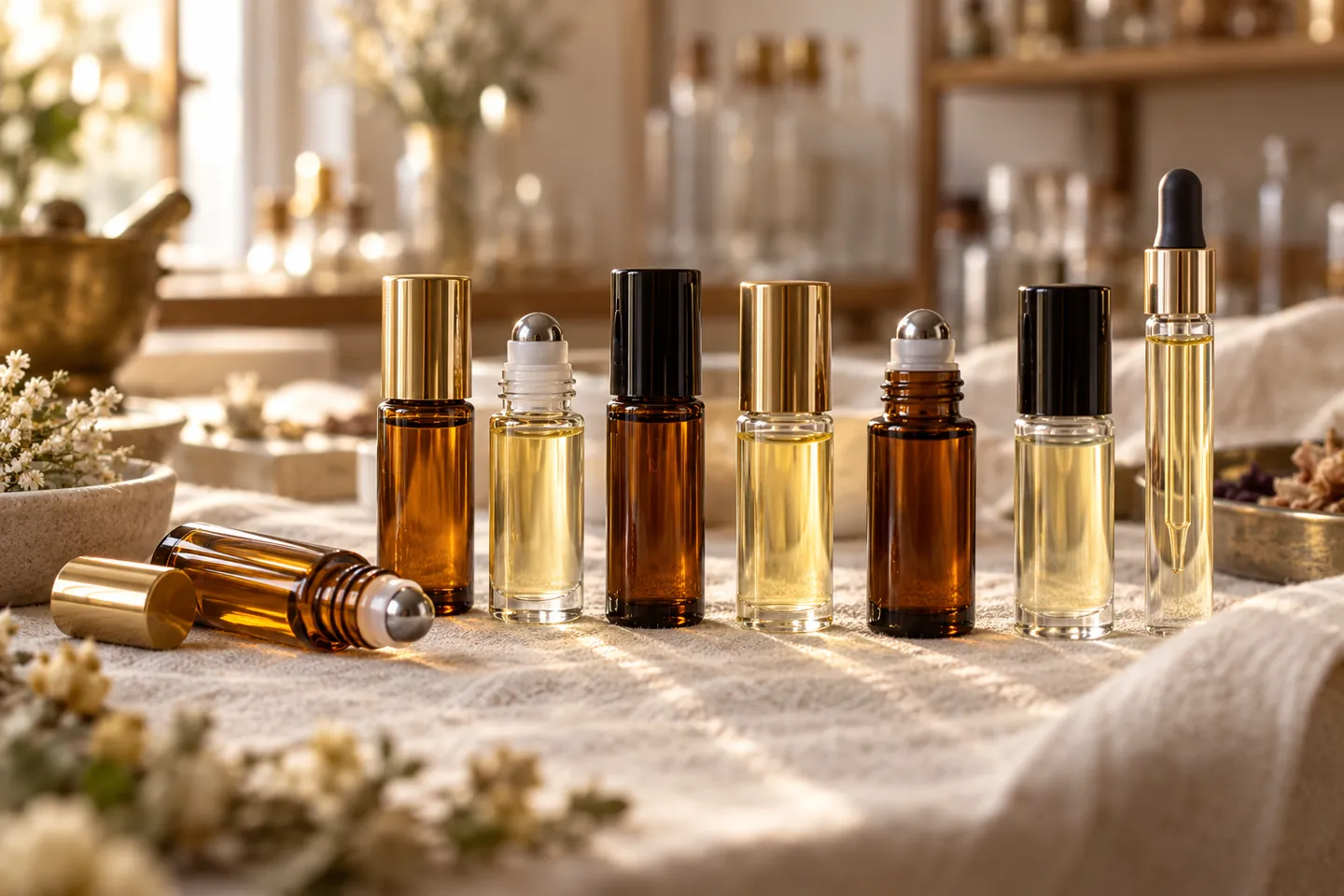 A row of amber and clear glass roller bottles with steel rollerballs and caps beside a slim glass dab vial with a dropper, the native containers for oil-based perfume