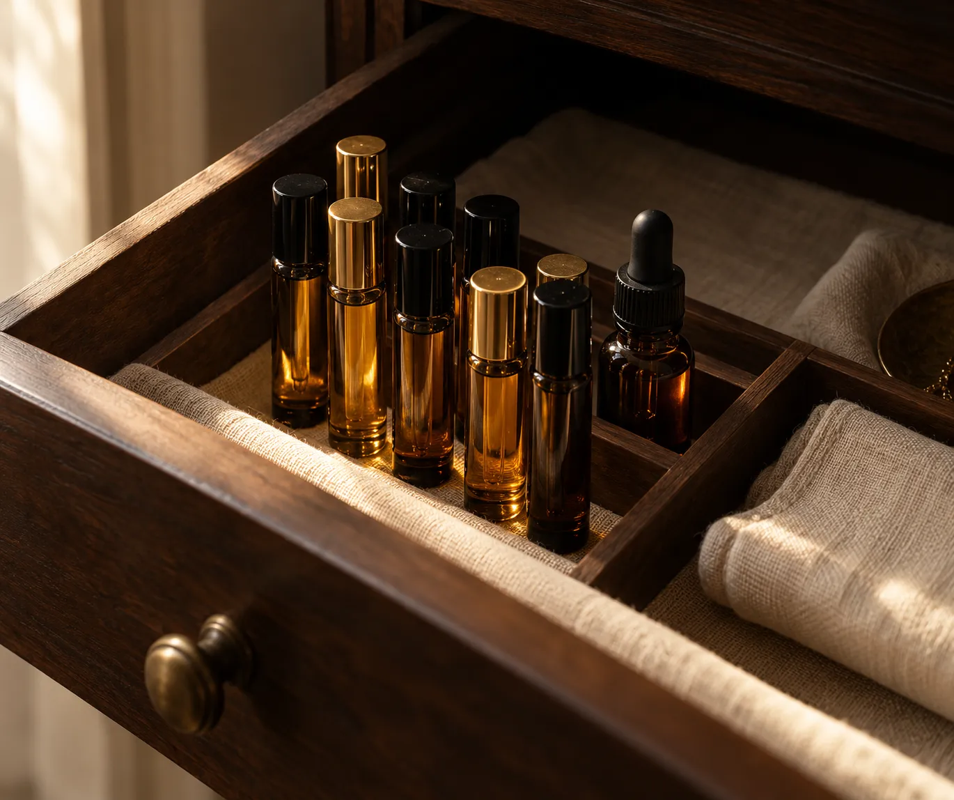 Amber glass perfume oil vials and a dropper bottle stored upright in a divided dark wooden drawer lined with linen, kept away from light to slow oxidation