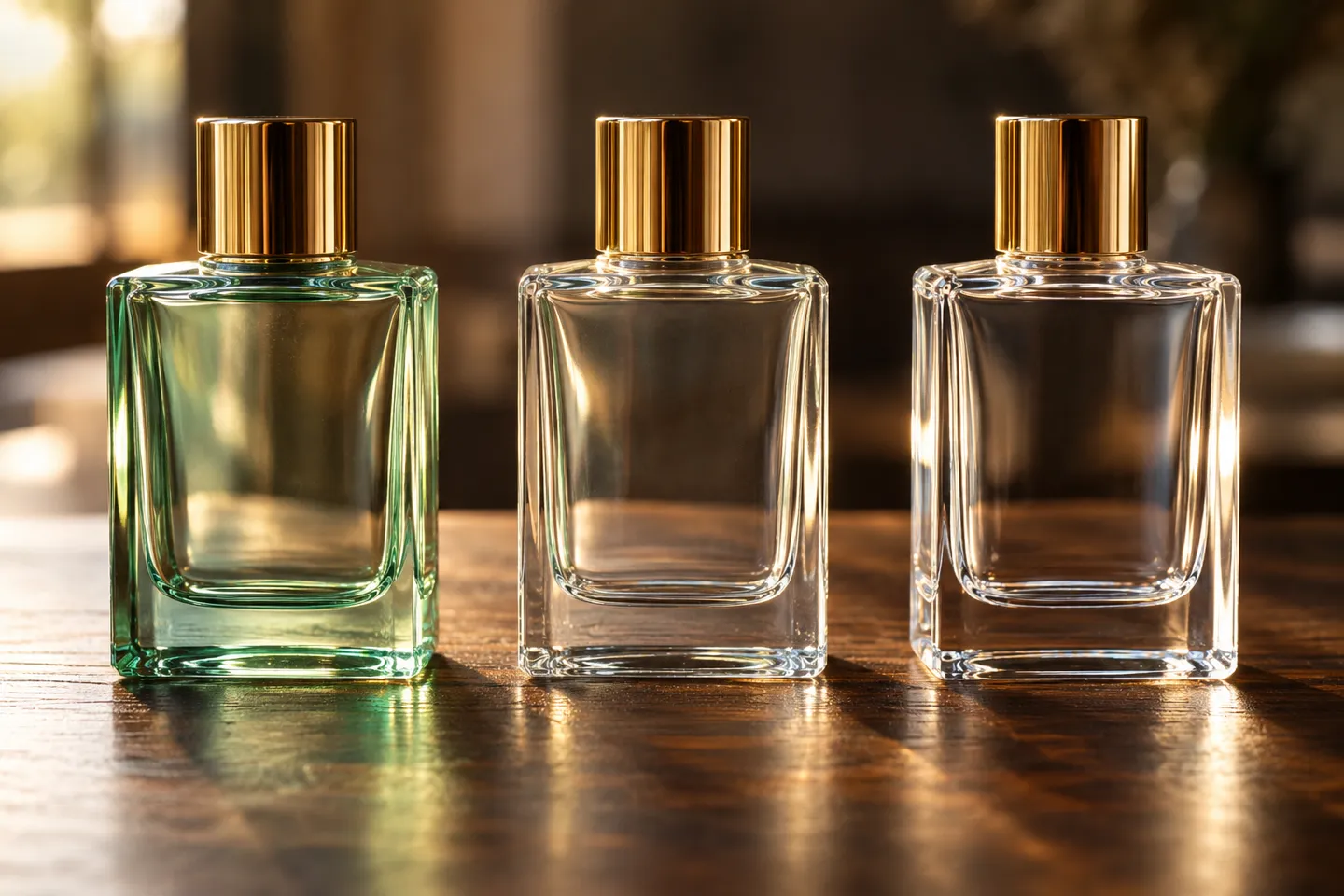 Close comparison of perfume bottle glass grades: soda-lime glass with a faint green cast, high-white glass, and near-colorless extra flint glass, all with gold caps
