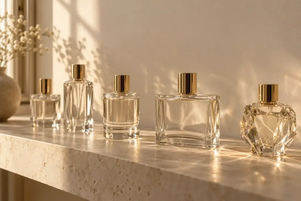 Perfume packaging design shown as a row of clear glass perfume bottles with gold caps on a cream stone shelf in warm studio light