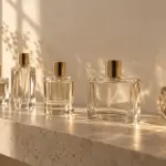 Perfume packaging design shown as a row of clear glass perfume bottles with gold caps on a cream stone shelf in warm studio light