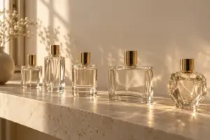 Perfume packaging design shown as a row of clear glass perfume bottles with gold caps on a cream stone shelf in warm studio light