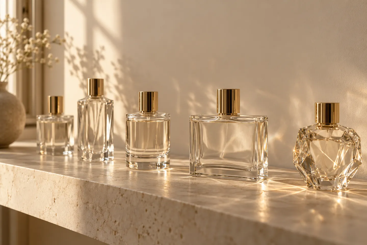 Perfume packaging design shown as a row of clear glass perfume bottles with gold caps on a cream stone shelf in warm studio light