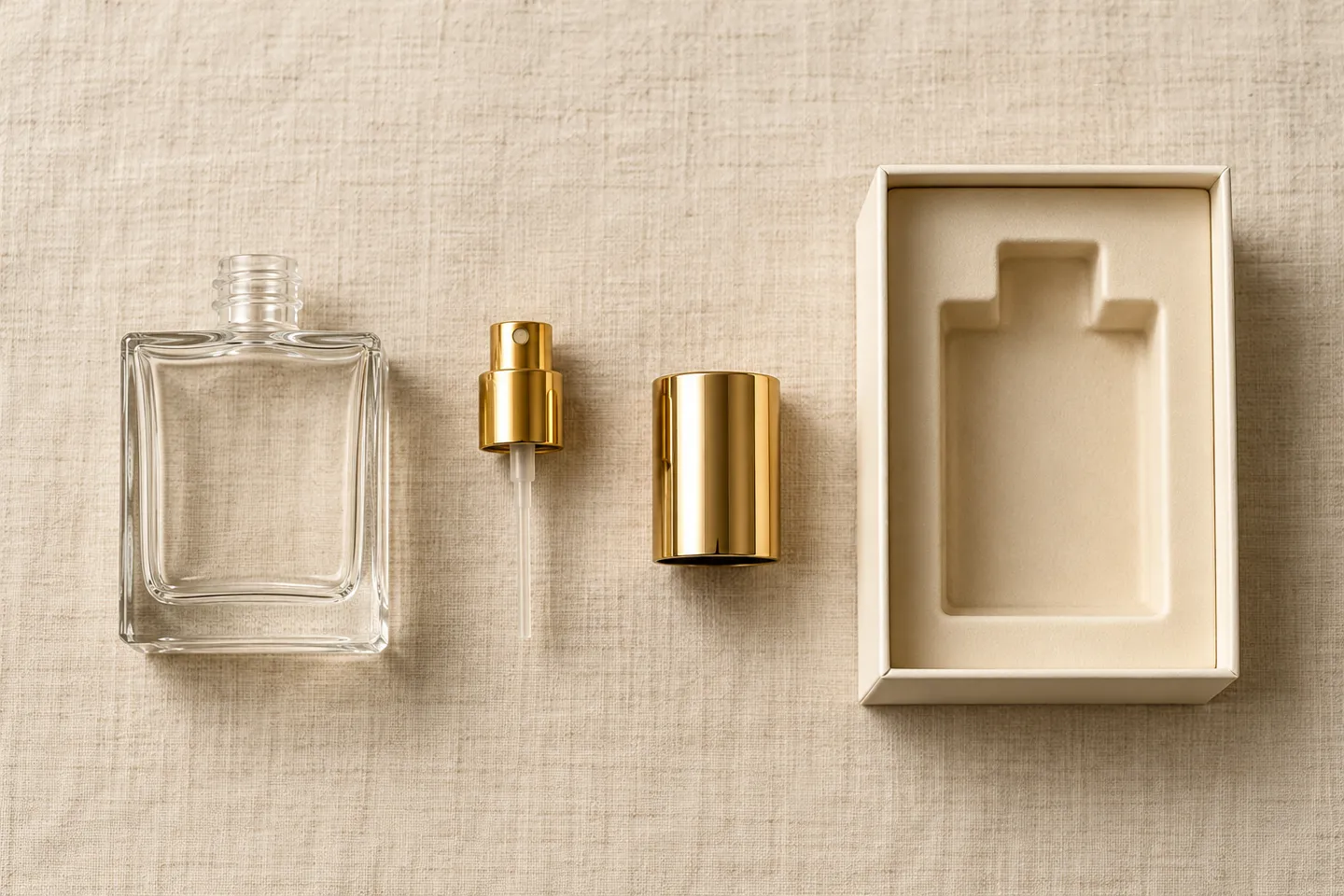 Flat lay of perfume packaging design components: a clear glass bottle body, gold spray pump, gold cap, and a rigid gift box with molded insert on cream linen