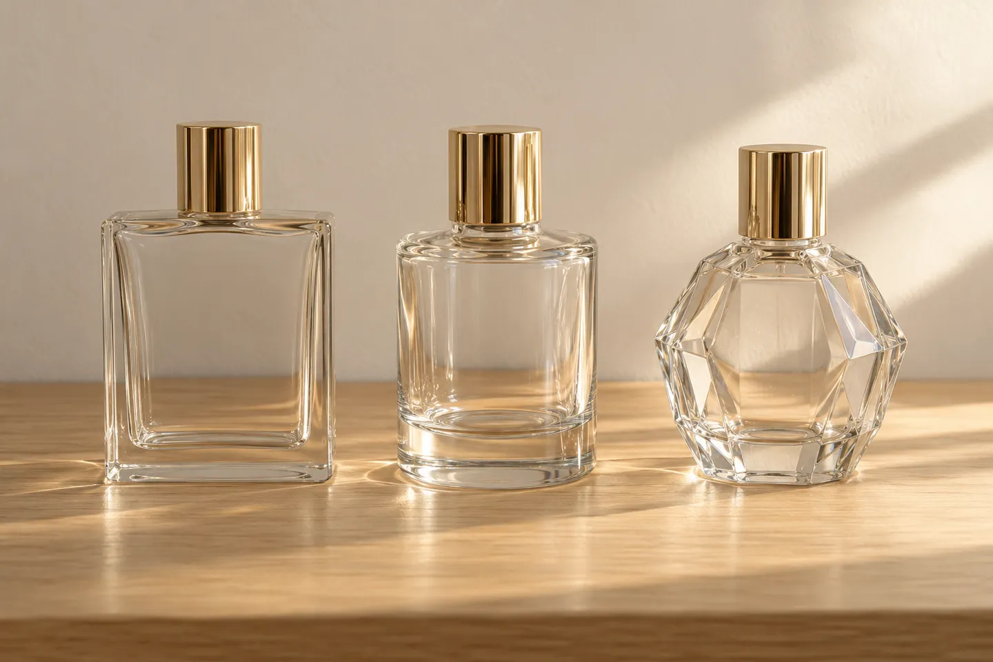 Three perfume bottle shape families side by side: a square bottle, a round cylindrical bottle, and a faceted sculptural bottle, all in clear glass with gold caps