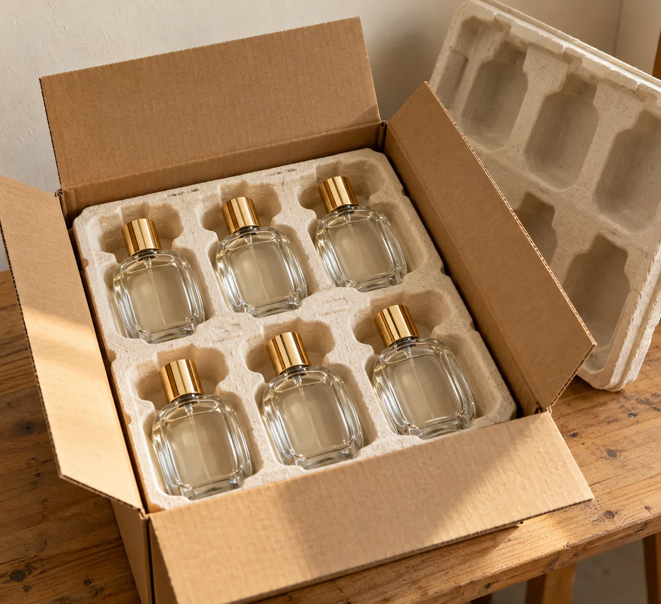 Glass perfume bottles with gold caps nested in a molded pulp insert inside a cardboard shipping carton, illustrating transit protection in perfume packaging design