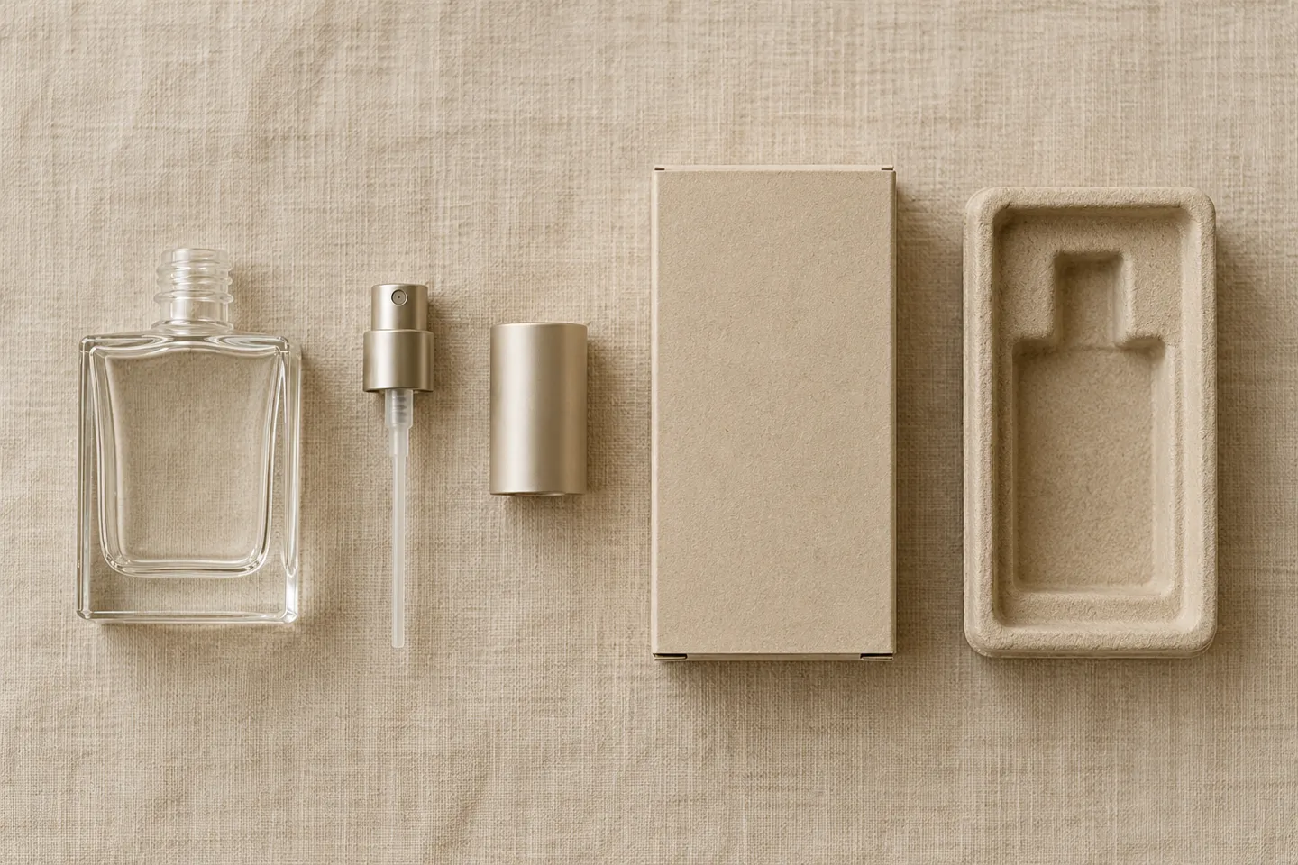 The five components of sustainable perfume packaging laid out side by side: glass bottle, atomizer pump with dip tube, cap, uncoated paperboard box, and molded pulp insert tray.