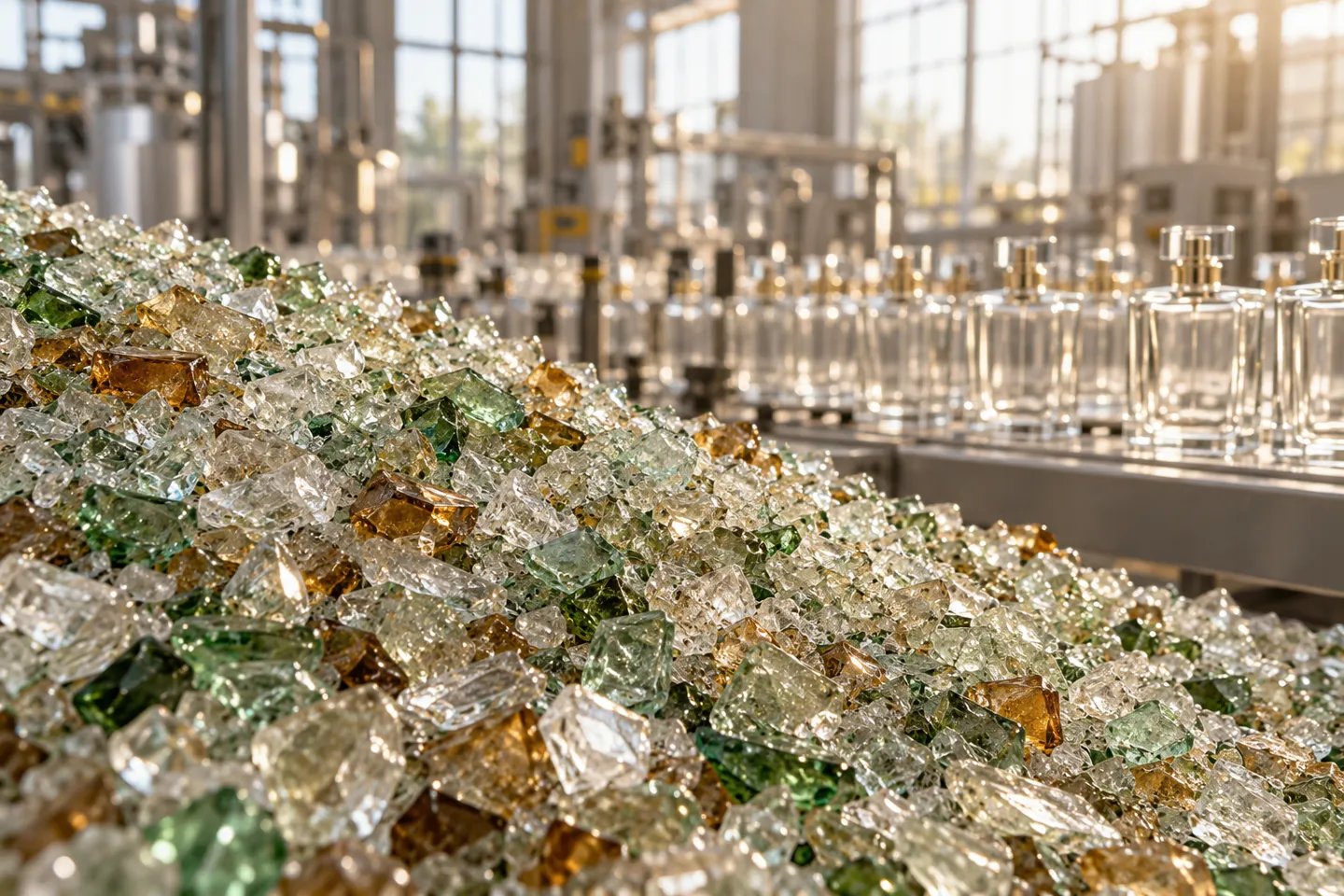 Crushed recycled glass cullet in clear, amber, and green tones with rows of newly made glass perfume bottles in the background of a container glass plant.