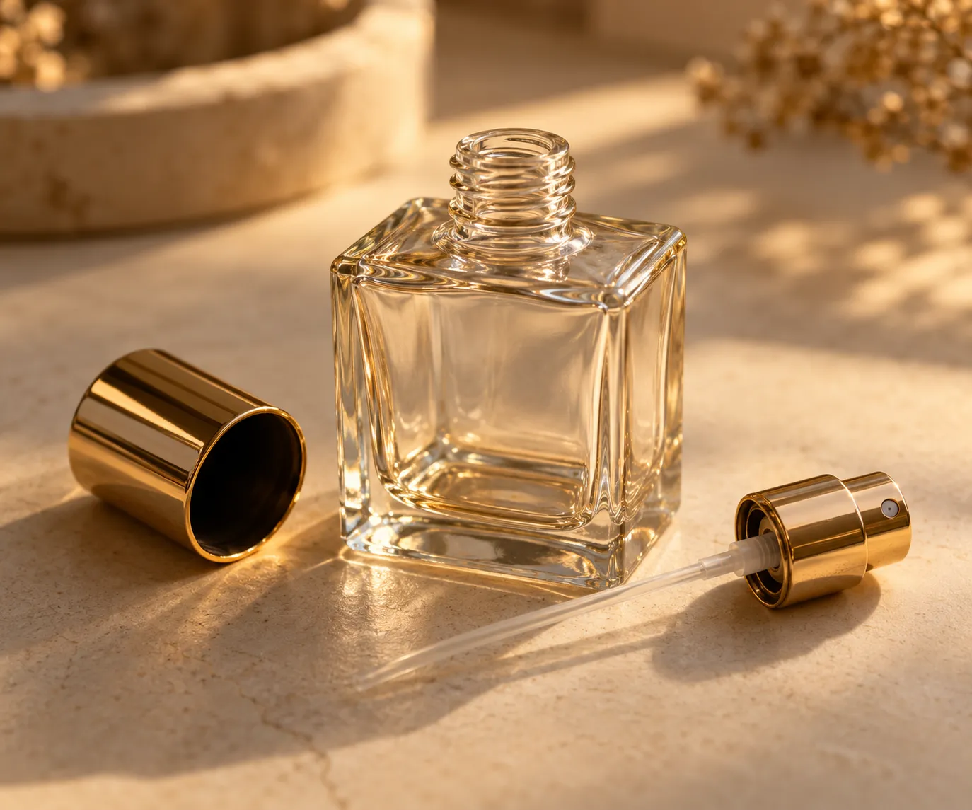 A screw-neck glass perfume bottle separated from its gold cap and atomizer pump, showing how design for disassembly lets each part recycle in its own stream.