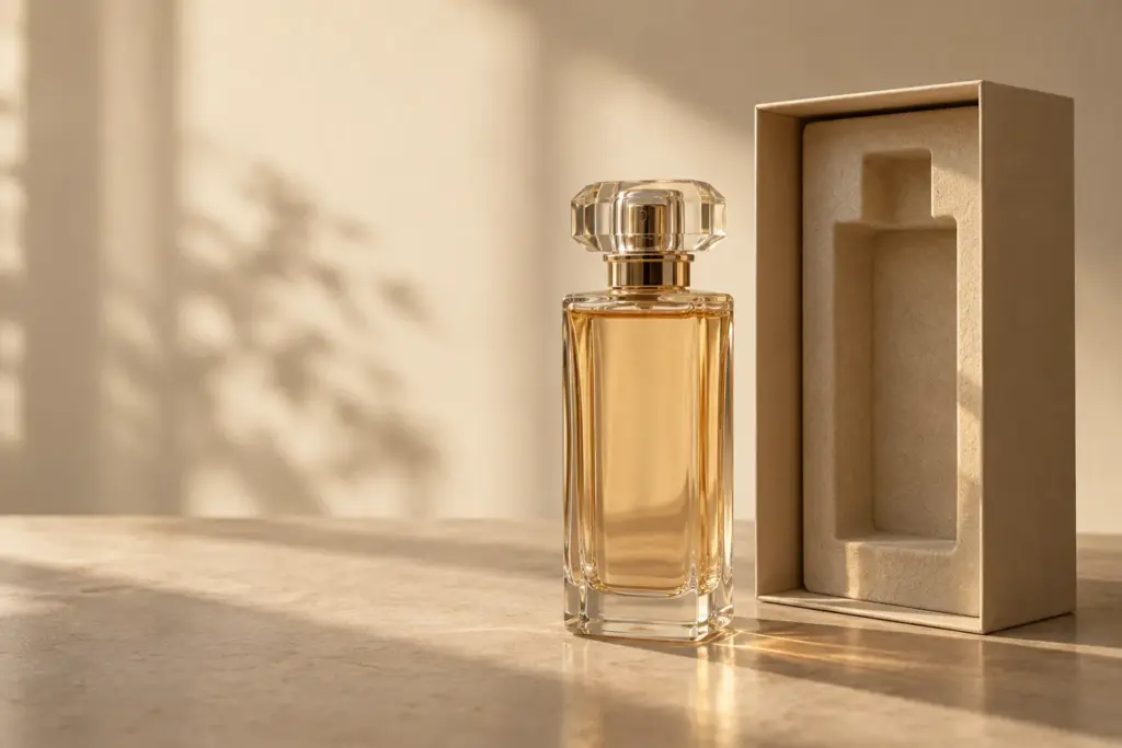 Sustainable perfume packaging presented as one system: a clear glass flacon beside an uncoated paperboard box with a molded pulp insert instead of foam.