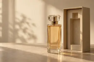 Sustainable perfume packaging presented as one system: a clear glass flacon beside an uncoated paperboard box with a molded pulp insert instead of foam.