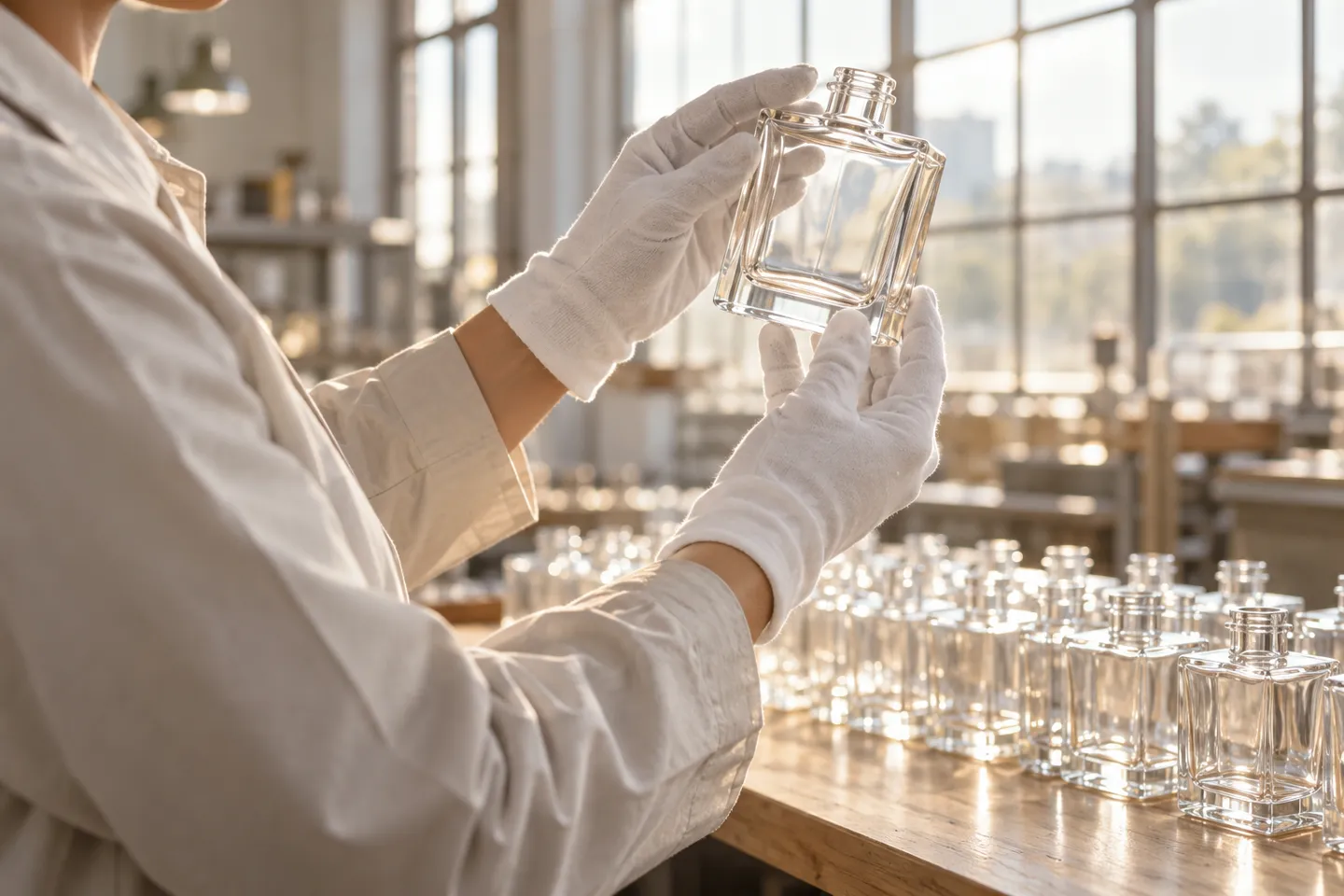A factory inspector in white gloves raising a glass perfume bottle toward window light to verify clarity during a batch-level quality check.