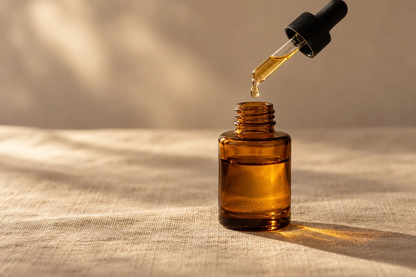 An amber glass dropper bottle releasing a single drop of vitamin C serum, the classic packaging format for light-sensitive actives.