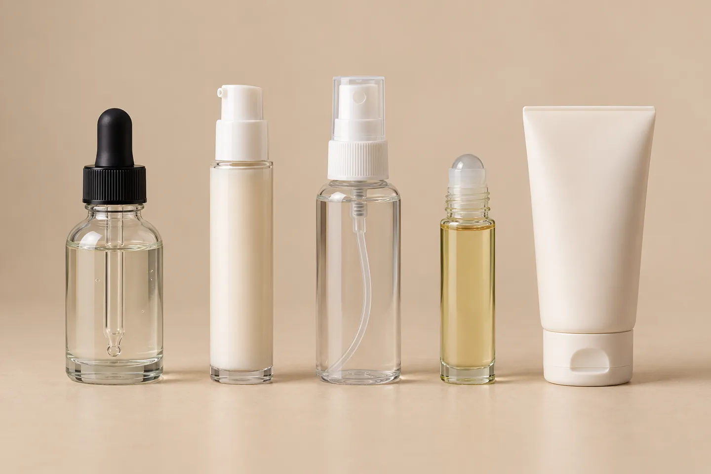 Five common cosmetic bottle types lined up for comparison: a glass dropper bottle, a treatment pump bottle, a fine-mist sprayer, a roll-on bottle and a flip-top squeeze bottle.
