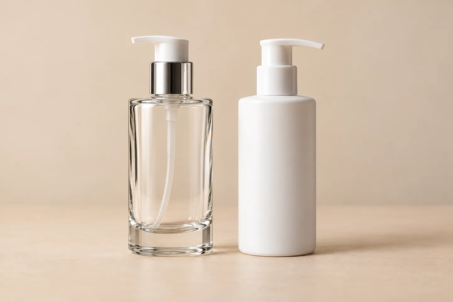 A clear glass pump bottle next to a matte white plastic pump bottle for comparing material and shipping choices.