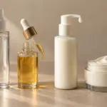 A row of different types of cosmetic bottles on a bathroom counter: a fine-mist sprayer toner bottle, an amber glass dropper serum bottle, a white lotion pump bottle and a wide-mouth cream jar.