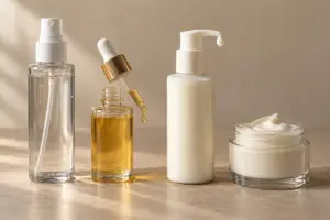 A row of different types of cosmetic bottles on a bathroom counter: a fine-mist sprayer toner bottle, an amber glass dropper serum bottle, a white lotion pump bottle and a wide-mouth cream jar.