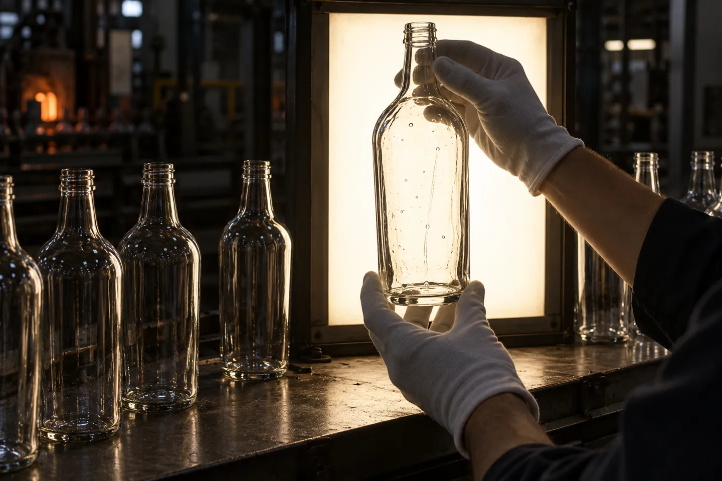 An inspector in white gloves holding a clear glass bottle against a bright light panel to check the clarity grade for streaks and cords