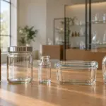A lineup of the main types of glass containers on a showroom table: an amber beverage bottle, a wide mouth storage jar, a small vial, a rectangular food container, and a stoppered decanter bottle