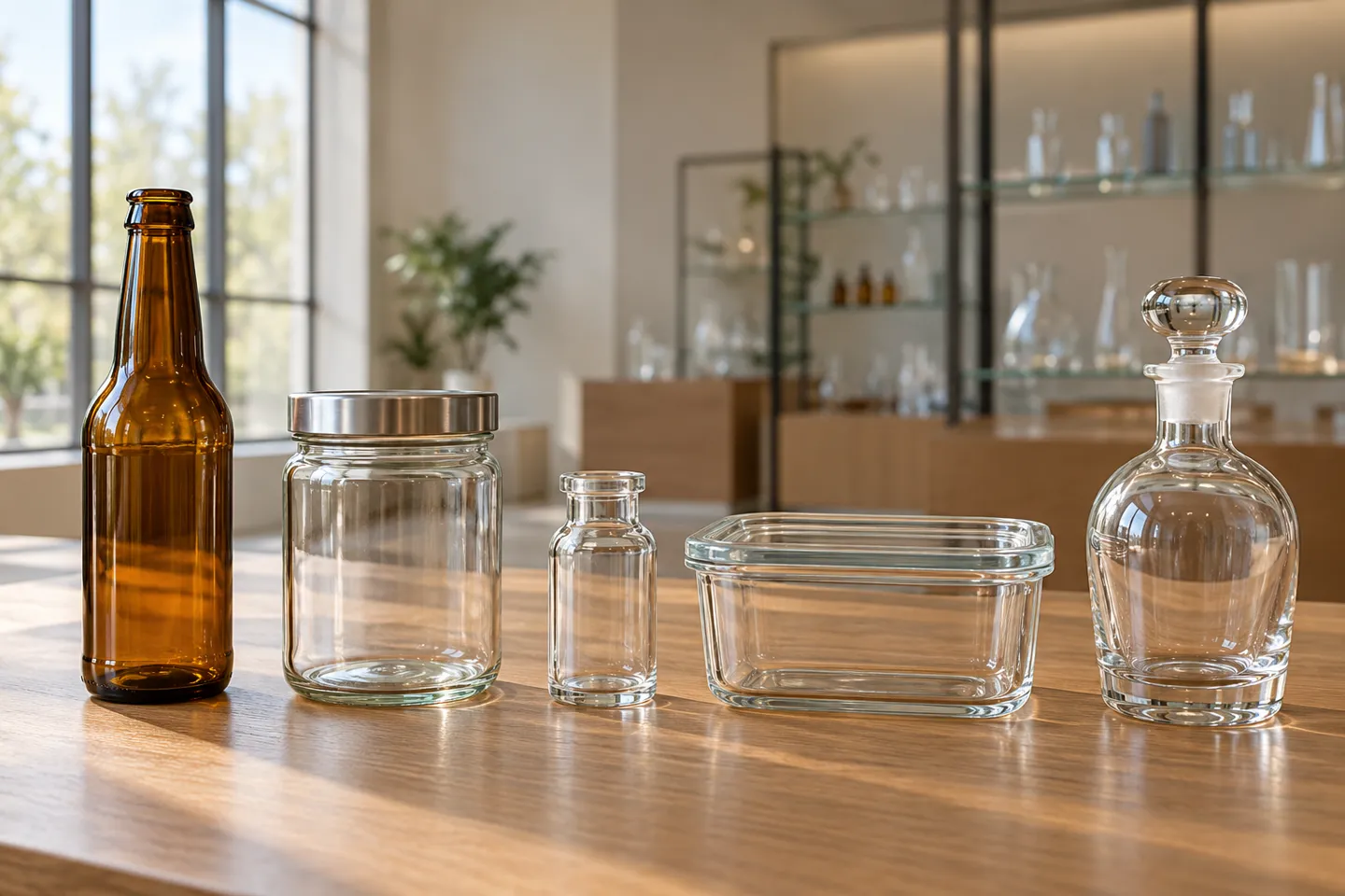A lineup of the main types of glass containers on a showroom table: an amber beverage bottle, a wide mouth storage jar, a small vial, a rectangular food container, and a stoppered decanter bottle