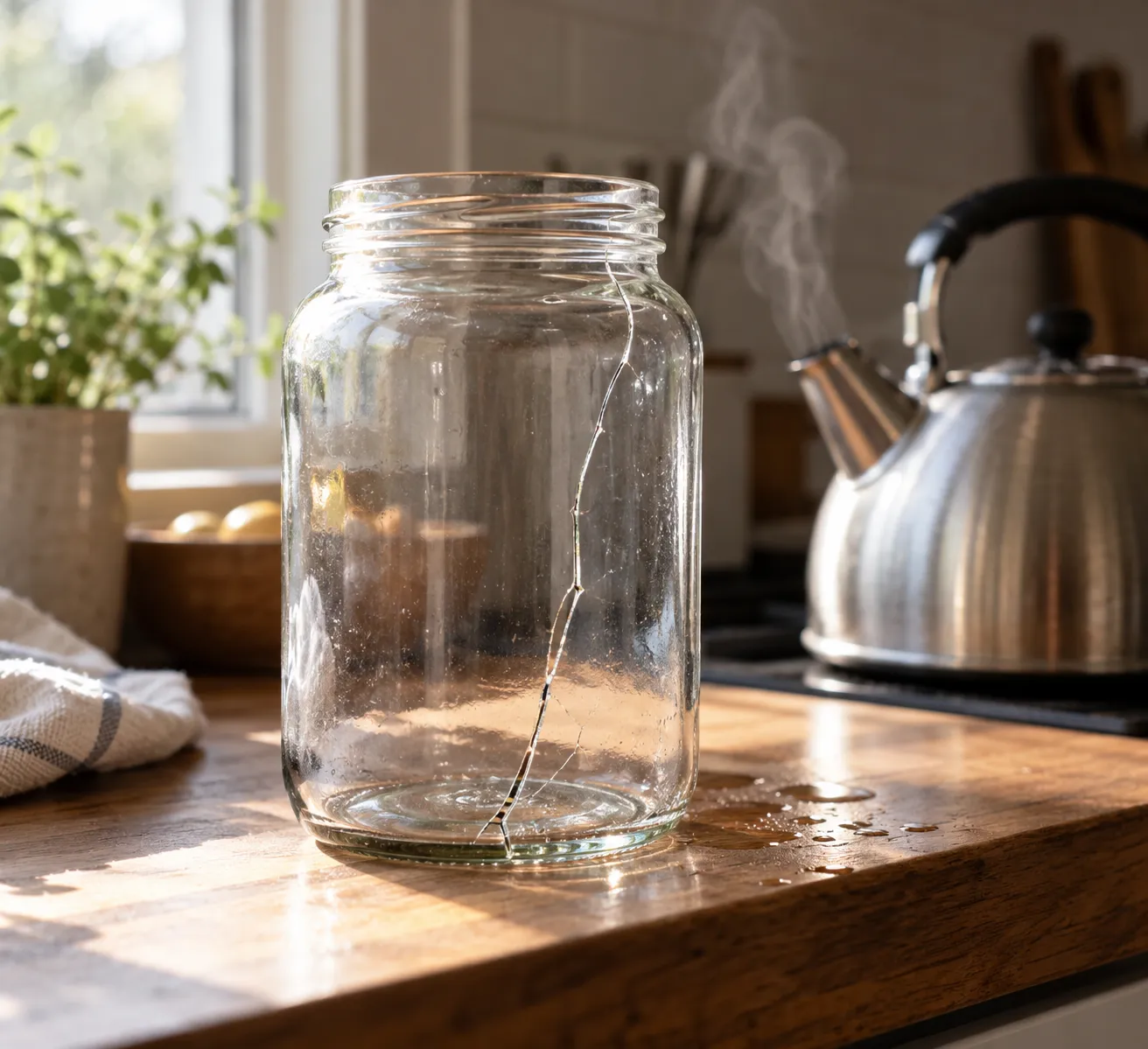 A cracked soda-lime glass jar on a kitchen counter next to a steaming kettle, the classic thermal shock failure when boiling water meets a cold jar